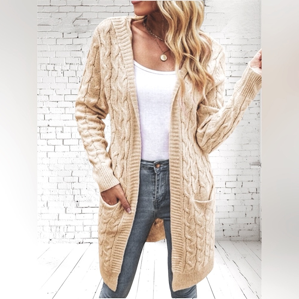 NWT Women’s Cardigan Sweater, Open Front, Beige,